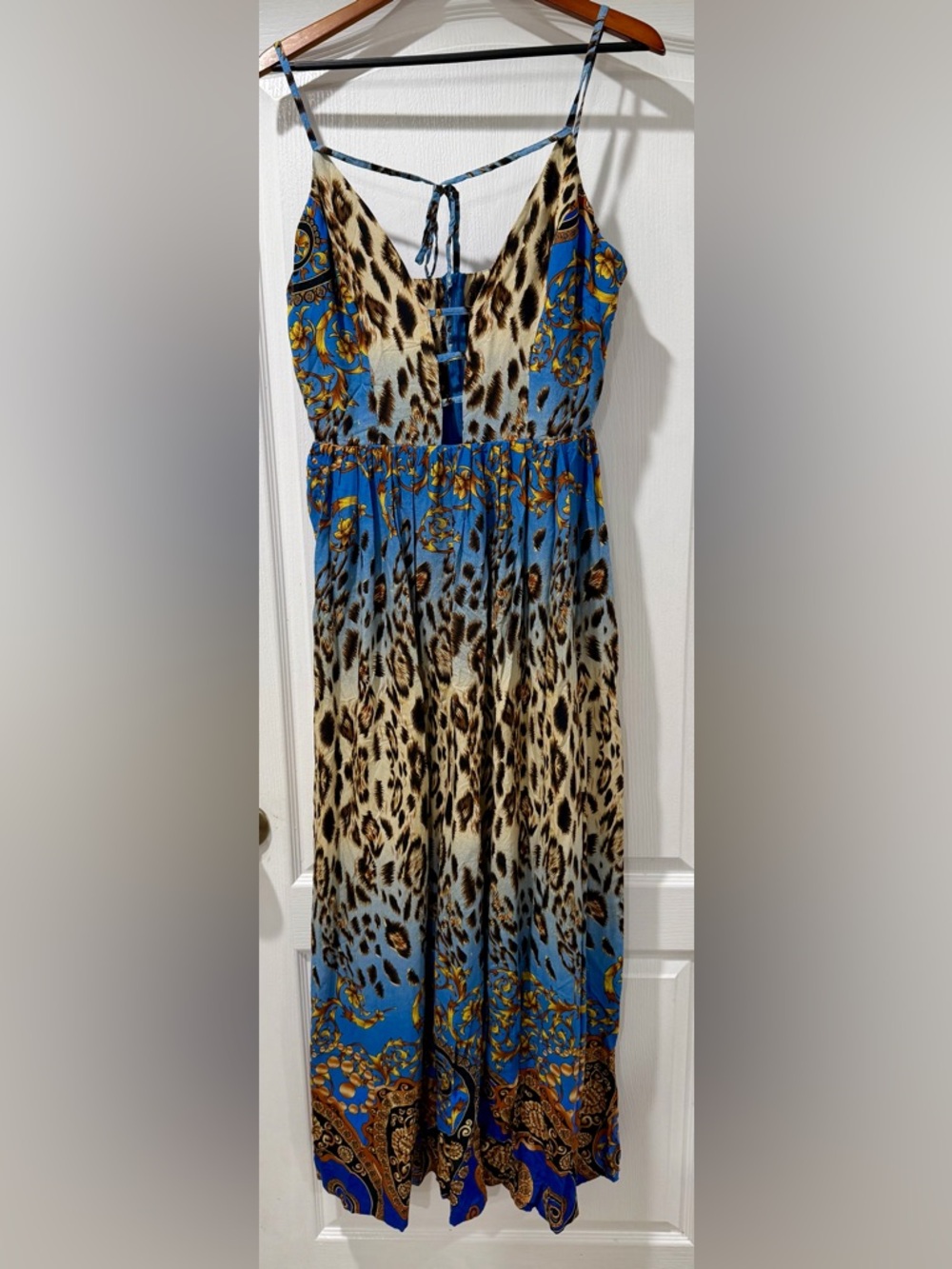 NWT GIFFNISETI Blue Leopard Print Maxi Dress size L